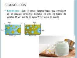SEMISÓLIDOS
Emulsiones: Son sistemas heterogéneos que consisten 
en un líquido inmisible disperso en otro en forma de 
gotit