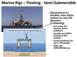 Marine Rigs – Floating - Semi-Submersible 
– Rig towed on to 
location, then either 
anchors or uses DP 
(dynamic 
positionin