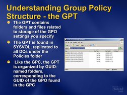 Understanding Group Policy 
Understanding Group Policy 
Structure - the GPT
Structure - the GPT
The GPT contains 
The GPT con