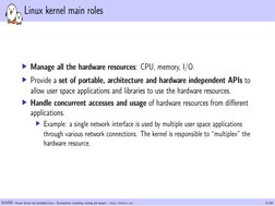 Linux kernel main roles
▶Manage all the hardware resources: CPU, memory, I/O.
▶Provide a set of portable, architecture and ha