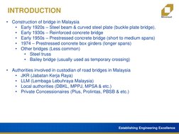 Establishing Engineering Excellence
INTRODUCTION
•
Construction of bridge in Malaysia
•
Early 1920s – Steel beam & curved ste