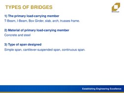 Establishing Engineering Excellence
TYPES OF BRIDGES
1) The primary load-carrying member
T-Beam, I-Beam, Box Girder, slab, ar
