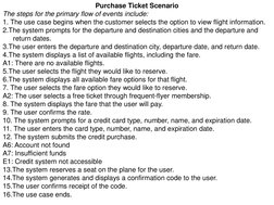 Purchase Ticket Scenario 
The steps for the primary flow of events include: 
1. The use case begins when the customer selects