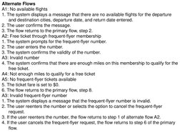Alternate Flows 
A1: No available flights 
1. The system displays a message that there are no available flights for the depar
