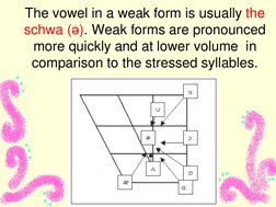 The vowel in a weak form is usually the 
schwa (ə). Weak forms are pronounced 
more quickly and at lower volume  in 
comparis