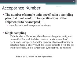 Acceptance Number
• The number of sample units specified in a sampling 
plan that must conform to specifications  if the 
shi