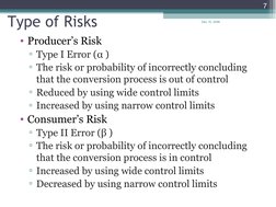 Type of Risks
• Producer’s Risk
▫Type I Error (α )
▫The risk or probability of incorrectly concluding 
that the conversion pr