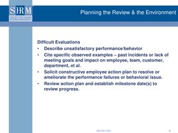 ©SHRM 2008  
9 
Planning the Review & the Environment 
Difficult Evaluations 
•
Describe unsatisfactory performance/behavior