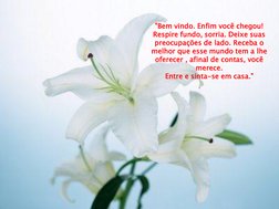 "Bem vindo. Enfim você chegou! 
Respire fundo, sorria. Deixe suas 
preocupações de lado. Receba o 
melhor que esse mundo tem