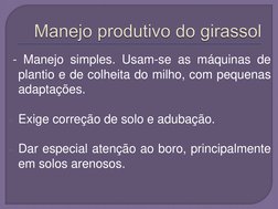 - Manejo simples. Usam-se as máquinas de 
plantio e de colheita do milho, com pequenas 
adaptações.  
 
- Exige correção de