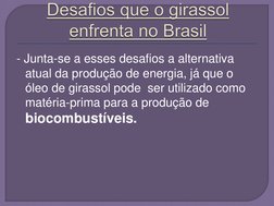 - Junta-se a esses desafios a alternativa 
atual da produção de energia, já que o 
óleo de girassol pode  ser utilizado como