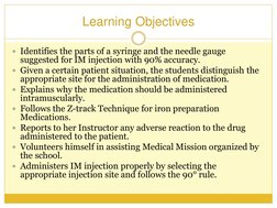 Learning Objectives
 
Identifies the parts of a syringe and the needle gauge 
suggested for IM injection with 90% accuracy.
