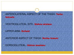 ANTEROLATERAL ASPECT OF THE THIGH- Vastus 
Lateralis 
 
VENTROGLUTEAL SITE- Gluteus minimus 
 
UPPER ARM- Deltoid 
 
ANTE