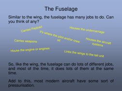 The Fuselage 
Similar to the wing, the fuselage has many jobs to do. Can 
you think of any? 
 
 
 
 
 
 
 
So, like the wing,