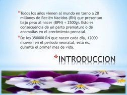 *INTRODUCCION
*Todos los años vienen al mundo en torno a 20 
millones de Recién Nacidos (RN) que presentan 
bajo peso al nace