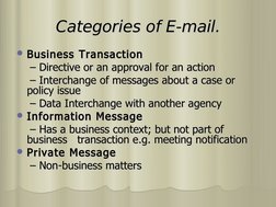Categories of E-mail.
Categories of E-mail.
Business Transaction
Business Transaction
    – 
    – Directive or an approval