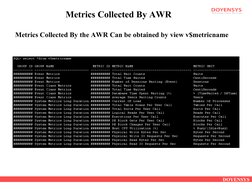 DOYENSYS
Metrics Collected By AWR
Metrics Collected By the AWR Can be obtained by view v$metricname
