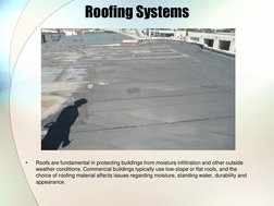 Roofing Systems 
 
•
Roofs are fundamental in protecting buildings from moisture infiltration and other outside 
weather cond