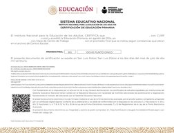 SISTEMA EDUCATIVO NACIONAL
INSTITUTO NACIONAL PARA LA EDUCACIÓN DE LOS ADULTOS
CERTIFICACIÓN DE EDUCACIÓN PRIMARIA
PROMEDIO F