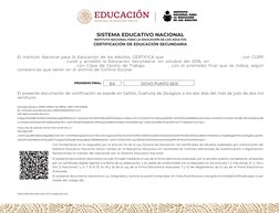 SISTEMA EDUCATIVO NACIONAL
INSTITUTO NACIONAL PARA LA EDUCACIÓN DE LOS ADULTOS
CERTIFICACIÓN DE EDUCACIÓN SECUNDARIA
PROMEDIO