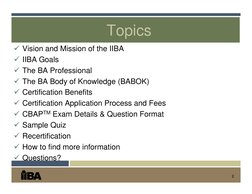 Topics
9 Vision and Mission of the IIBA
9 IIBA Goals
9 The BA Professional
9 The BA Body of Knowledge (BABOK)
9 Certification