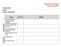 Clayesmore Theatre
Sound Checklist
Production:
Date:
Sound Operator:
Task
Done?
Notes
PRE-SHOW
Plug in and position 
equipmen
