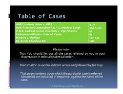 Table of Cases
Please note
That You should list out all the cases referred by you in your 
dissertation in strict alphabetica