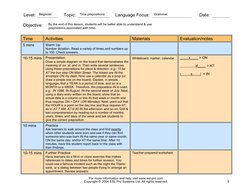 Level: Beginner 
 
Topic: Time prepositions 
 
Language Focus: 
Grammar 
 
Date:
 
 
 
 
 
 
Objective: 
By the end of this l