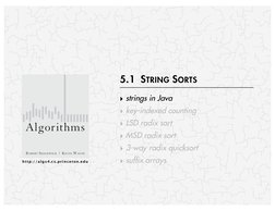 http://algs4.cs.princeton.edu
ROBERT SEDGEWICK  |  KEVIN WAYNE
Algorithms
‣ strings in Java
‣ key-indexed counting
‣ LSD radi
