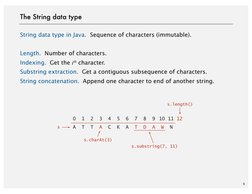 String data type in Java.  Sequence of characters (immutable).
Length.  Number of characters.
Indexing.  Get the ith characte