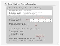 7
The String data type:  Java implementation
public final class String implements Comparable<String>
{
   private char[] valu