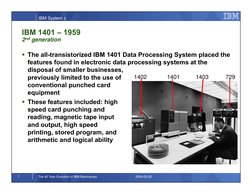 IBM System z
7
The 45 Year Evolution of IBM Mainframes
2009-03-20
 The all-transistorized IBM 1401 Data Processing System pl