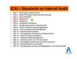 ICAI – Standards on Internal Audit
•
SIA 1 – Planning an Internal Audit
•
SIA 2 – Basic Principles Governing Internal Audit
•
