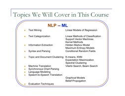 Topics We Will Cover in This Course 
NLP - - ML 
 
Text Mining 
 
Text Categorization 
 
Information Extraction 
 
Syntax