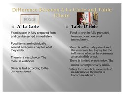 
A’ La Carte

Table D’Hote
    Food is kept in fully prepared 
form and can be served 
immediately.
     
     Menu is coll