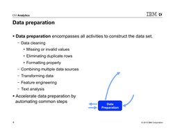 © 2015 IBM Corporation 
8 
Data preparation 
§ Data preparation encompasses all activities to construct the data set.  
-  D