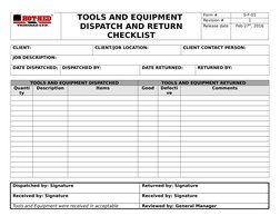 Tools Despatch Form Tools and Equipment Dispatch Checklist | PDF