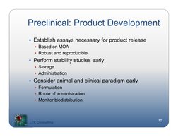 LCC Consulting
10
Preclinical: Product Development
10
LCC Consulting
 Establish assays necessary for product release
 Based