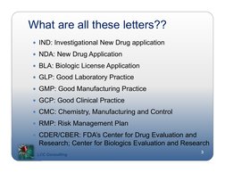 LCC Consulting
3
LCC Consulting
What are all these letters??
3
 IND: Investigational New Drug application
 NDA: New Drug Ap
