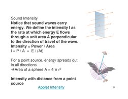 31
Sound Intensity
Notice that sound waves carry 
energy. We define the intensity I as 
the rate at which energy E flows 
thr