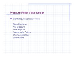 Events requiring pressure relief:
Block Discharge
Fire Exposure
Pressure Relief Valve Design
Tube Rapture
Control Valve Failu