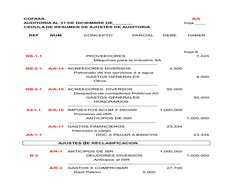COFASA
A/A 
AUDITORIA AL 31 DE DICIEMBRE DE_______
hoja ____
CEDULA DE RESUMEN DE AJUSTES DE AUDITORIA
REF
NUM
CONCEPTO
PARCI