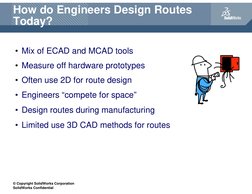 © Copyright SolidWorks Corporation
SolidWorks Confidential
How do Engineers Design Routes 
Today?
• Mix of ECAD and MCAD tool