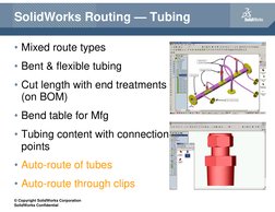 © Copyright SolidWorks Corporation
SolidWorks Confidential
SolidWorks Routing — Tubing
• Mixed route types
• Bent & flexible