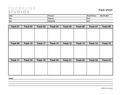 track sheet
Artist     
Producer
Studio Phone
206.546.4607
Title     
Engineer
Start
Date     
Assistants
End
Track 01
Track