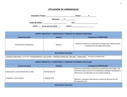 1 
 
SITUACIÓN DE APRENDIZAJE 
 
Educadora Titular: ______________________________ Grupo: _______A_______ 
Alumnos: ____2°___