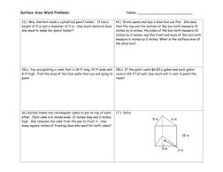 Surface Area Word Problems:                                                        Name: __________________________ 
 
13.)