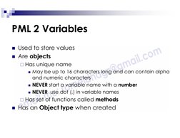 PML 2 Variables
Used to store values
Are objects
Has unique name
May be up to 16 characters long and can contain alpha
an