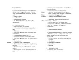 F > Hyperthermia  
 
D > Received patient sitting on bed with bottle # 
1D5NSS 1 liter @ 30gtts/min. at the      level