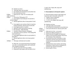 A >  Bedside care done. 
  Vital signs taken and recorded. 
 IVF checked and maintained on prescribed rate. 
 B